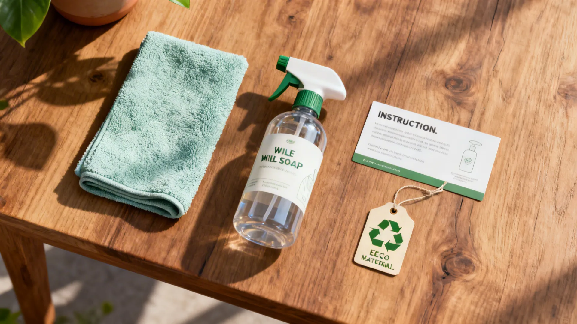 Cleaning and care items for faux plants including cloth, spray bottle and mild soap