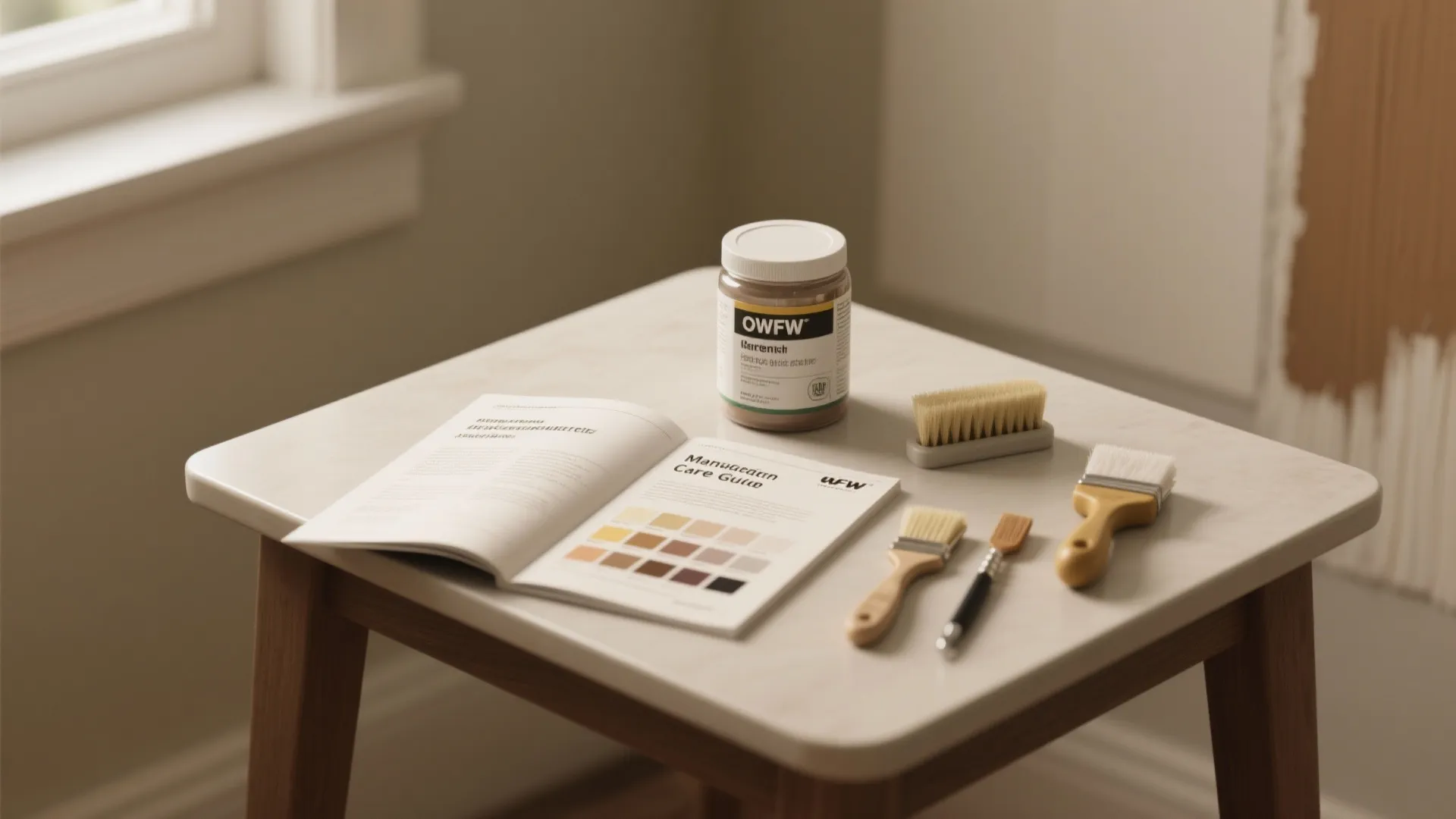 Cleaning kit with wall care guide brushes and a small jar on a white table