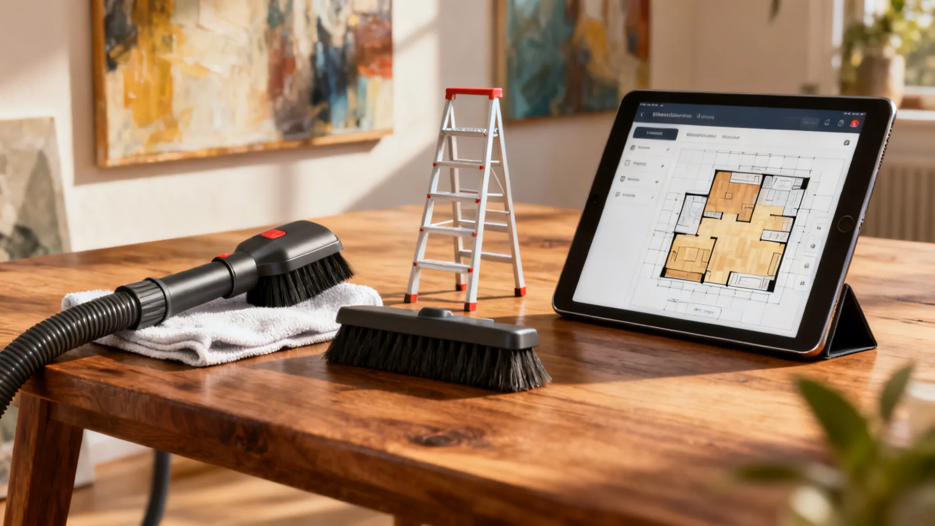 Care tools for wall art maintenance including a vacuum brush, soft cloth, ladder and tablet with room planner