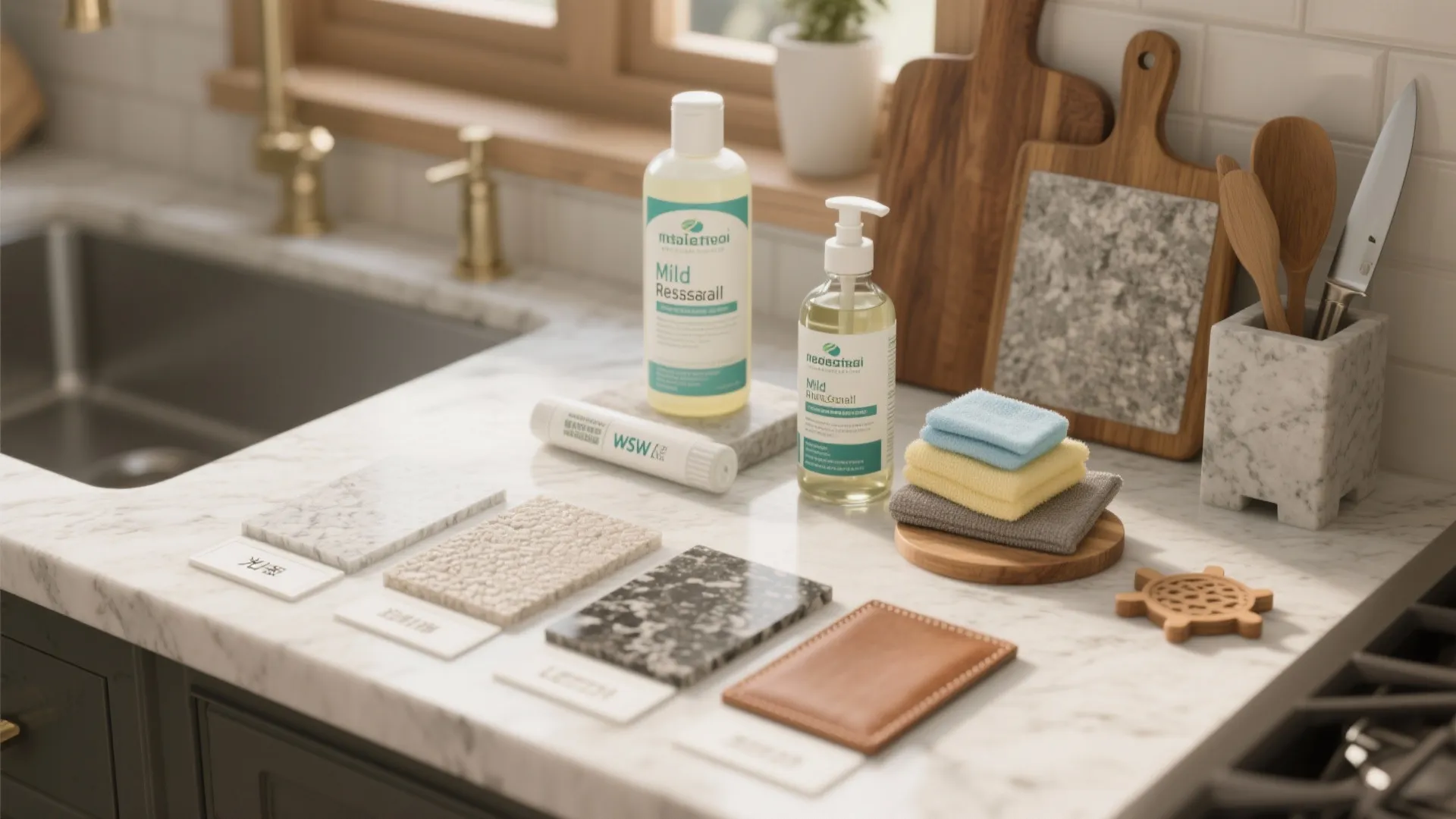 Granite care items and finish samples showing polished, honed, and leathered textures.