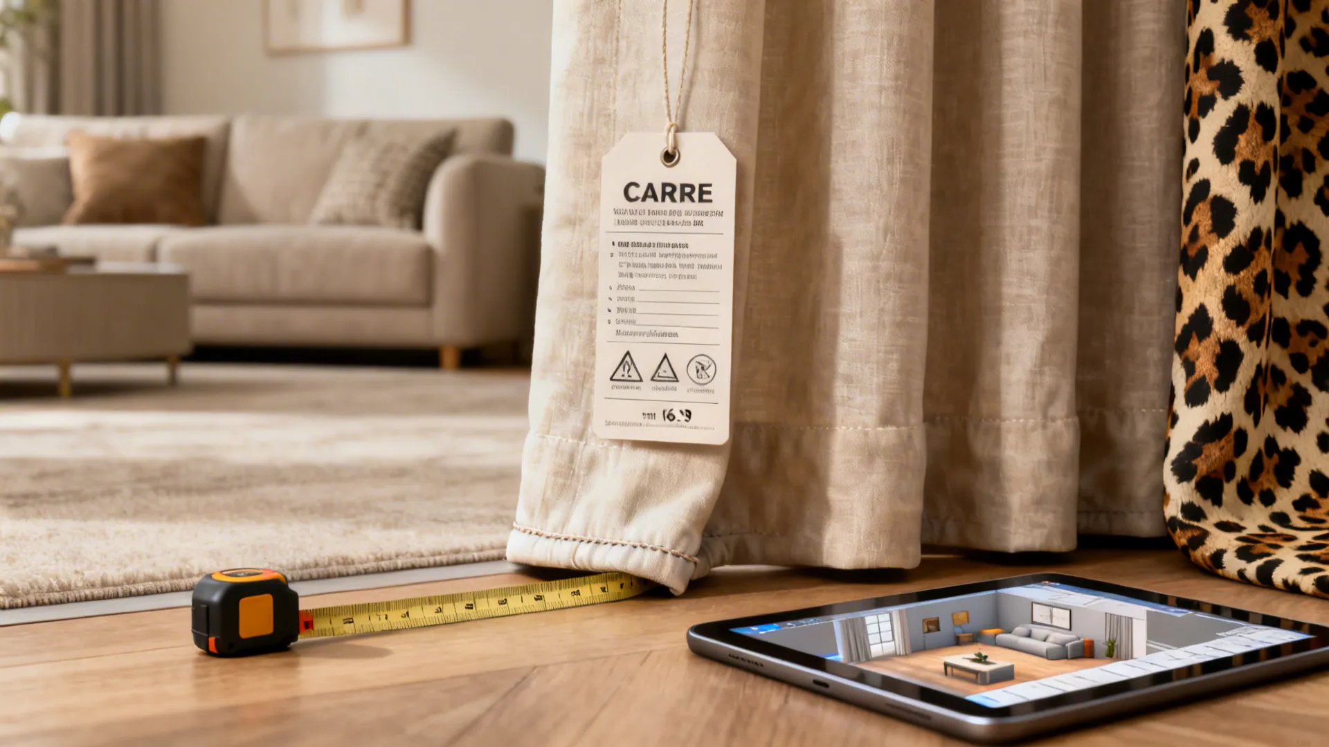 Curtain care label, measuring tape, and a tablet showing a room planner with leopard curtain visible.