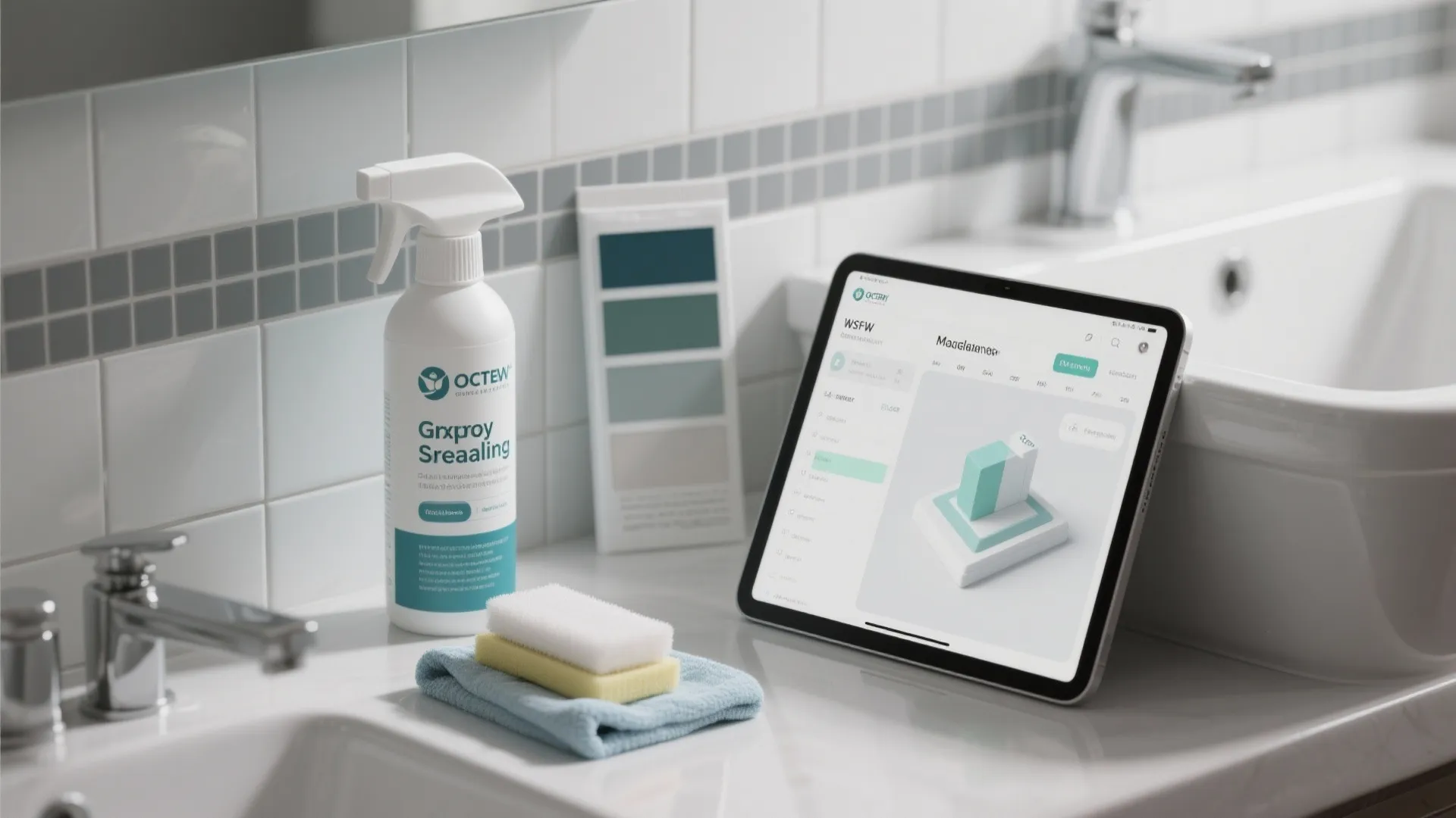 Tablet displaying interior design software next to cleaning spray and sponges on a white sink