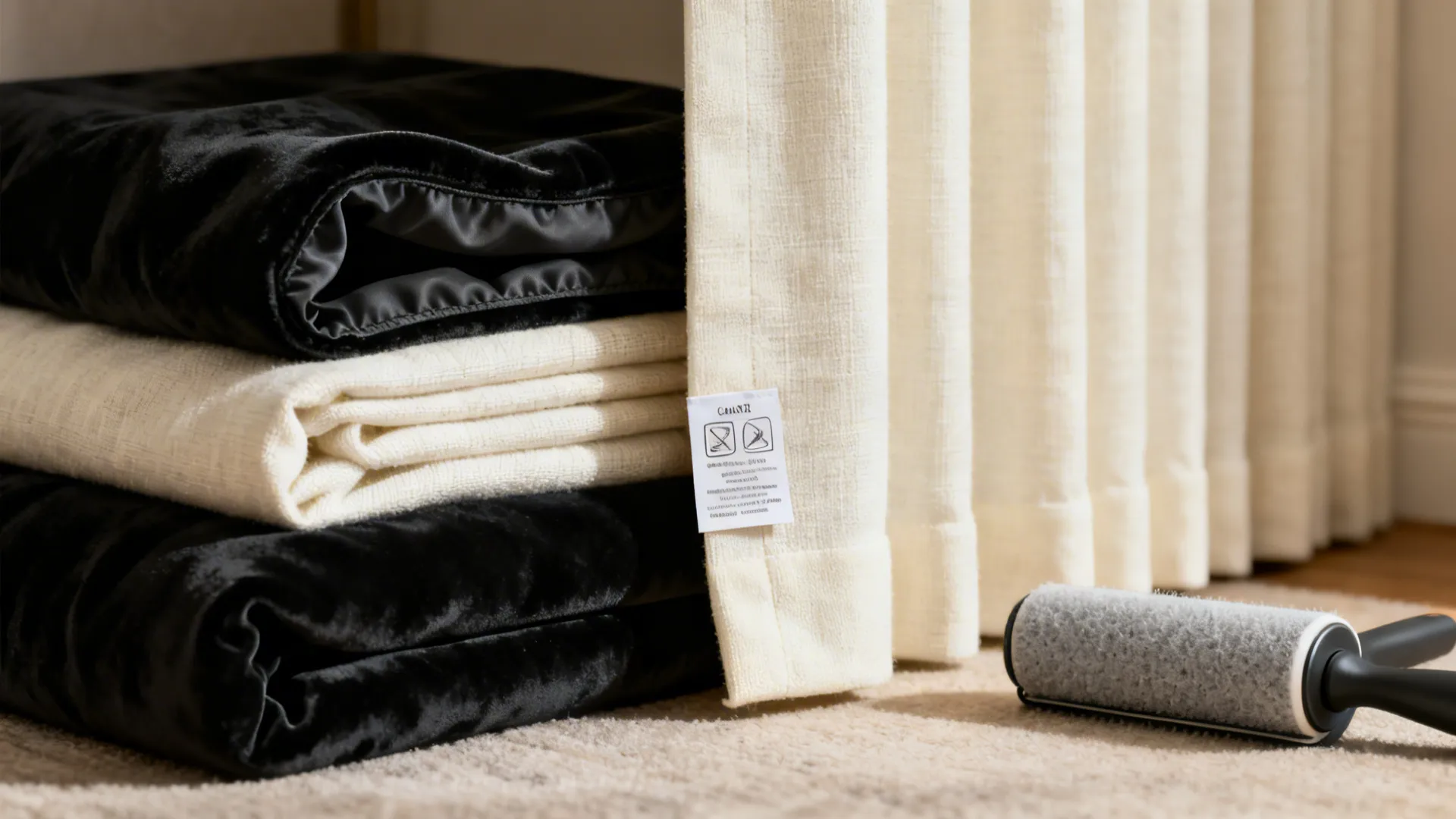 Close-up of black and cream curtain textiles with lint roller and care label.