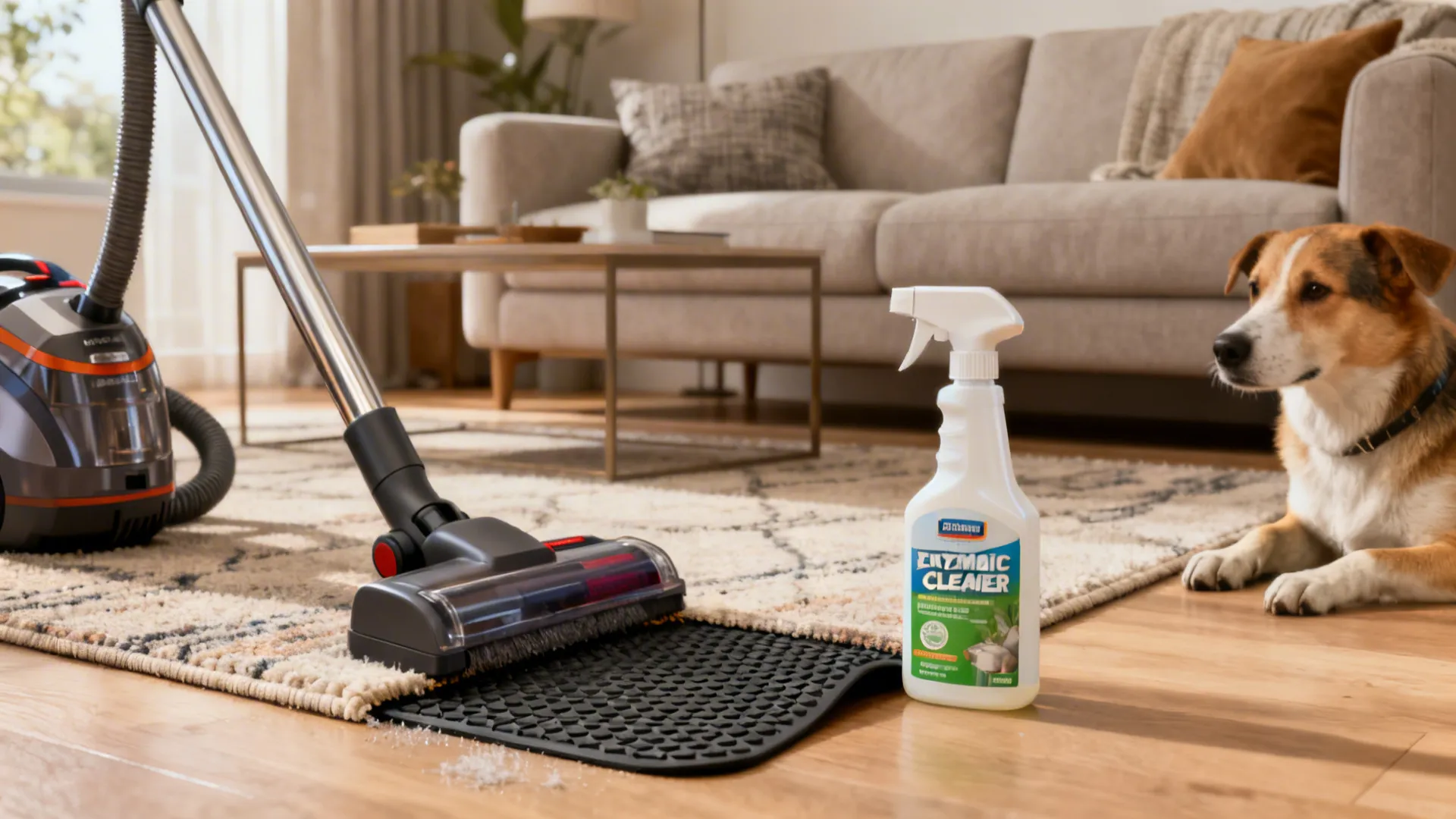 Living room scene with cleaning tools, non-slip rug pad, and a calm dog illustrating rug care tips