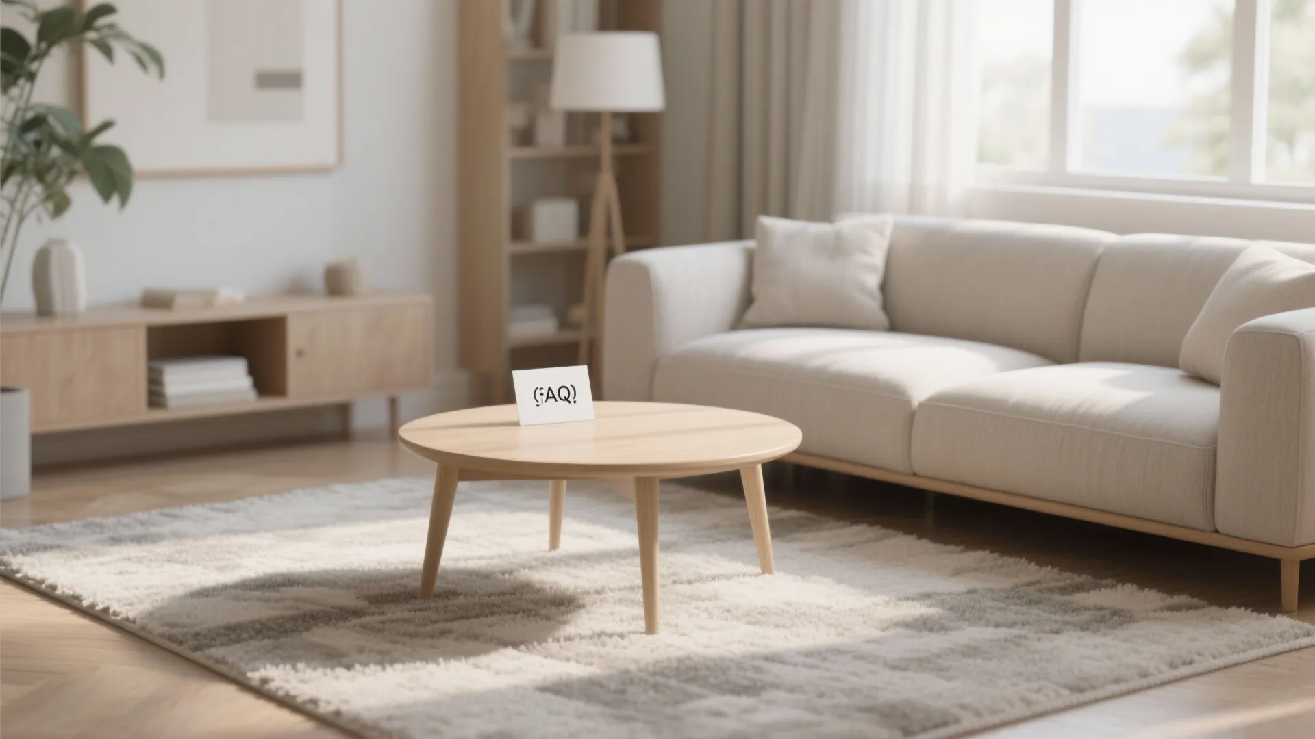 Clean carpet corner in a living room with an FAQ card on the coffee table.