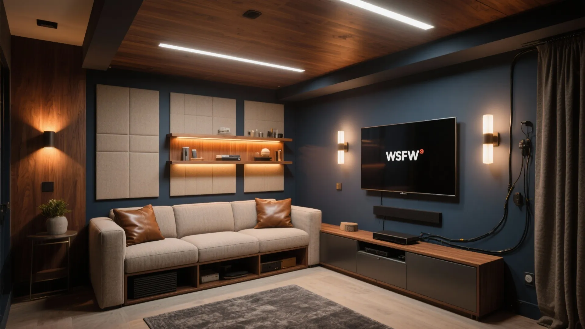 Modern home theater with blue walls large television comfortable beige sofa wooden shelves and lights
