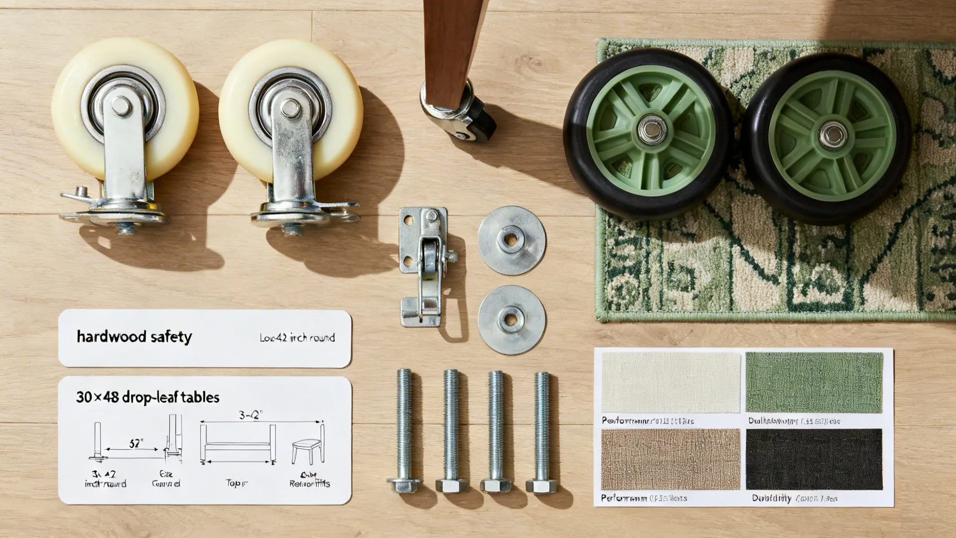 Flatlay of caster types, locking hardware, table size guides, retrofit parts, and performance fabric swatches.