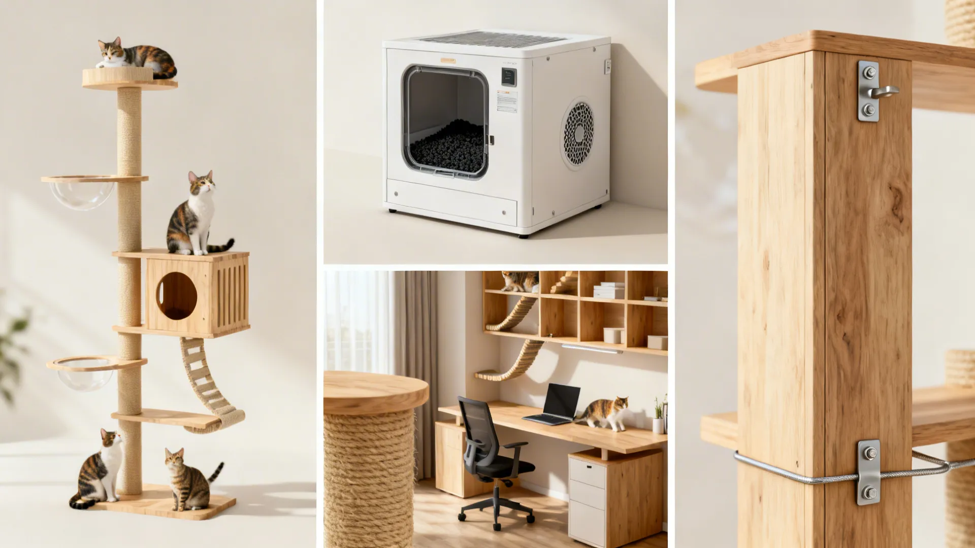 Collage of solutions: vertical perches, ventilated litter cabinet, office-integrated cat routes, and durable materials.