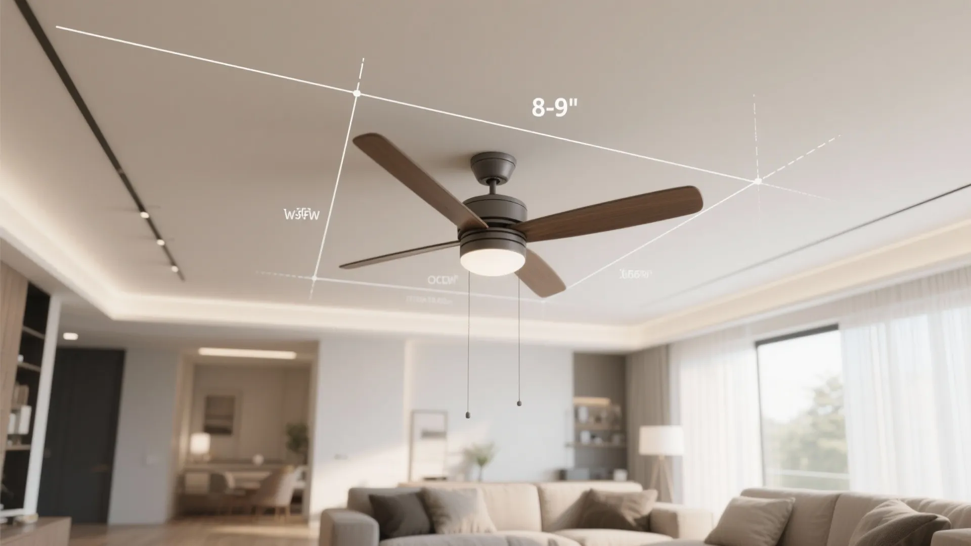 Ceiling fan installed at optimal clearance in a modern living room demonstrating recommended height
