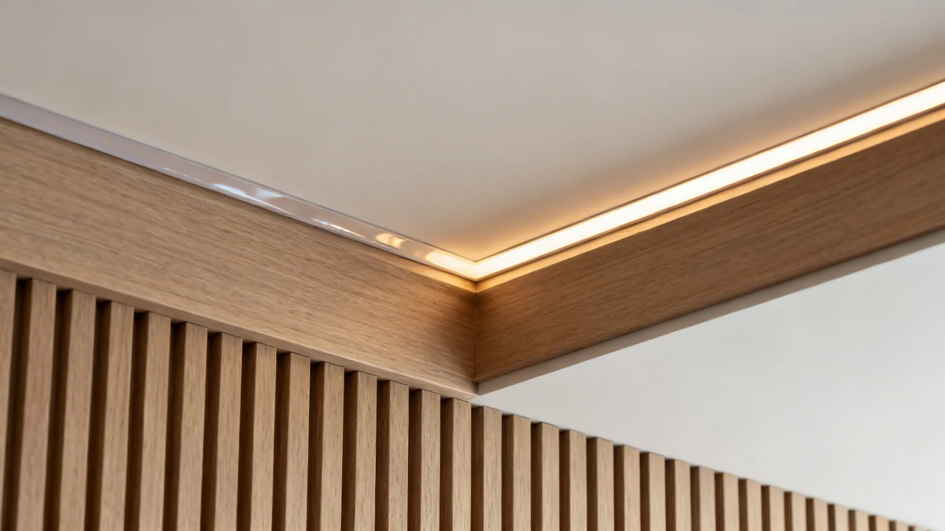 Macro details of a recessed light, stretch ceiling seam, sealed slat, and shallow coffer joint.