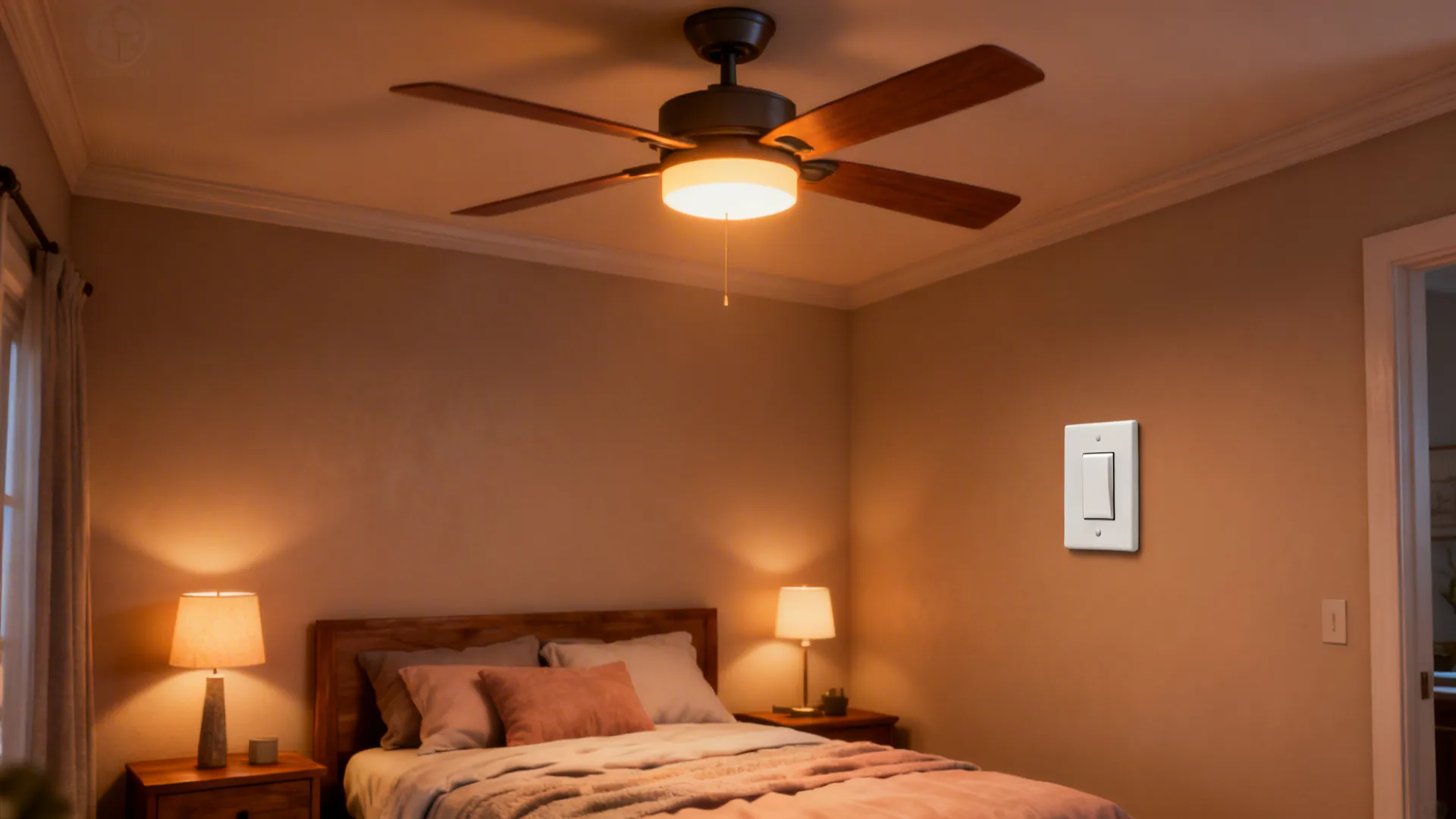 Small bedroom vignette showing a flush fan with 36-42 inch blades, dimmable LED, and switch panel