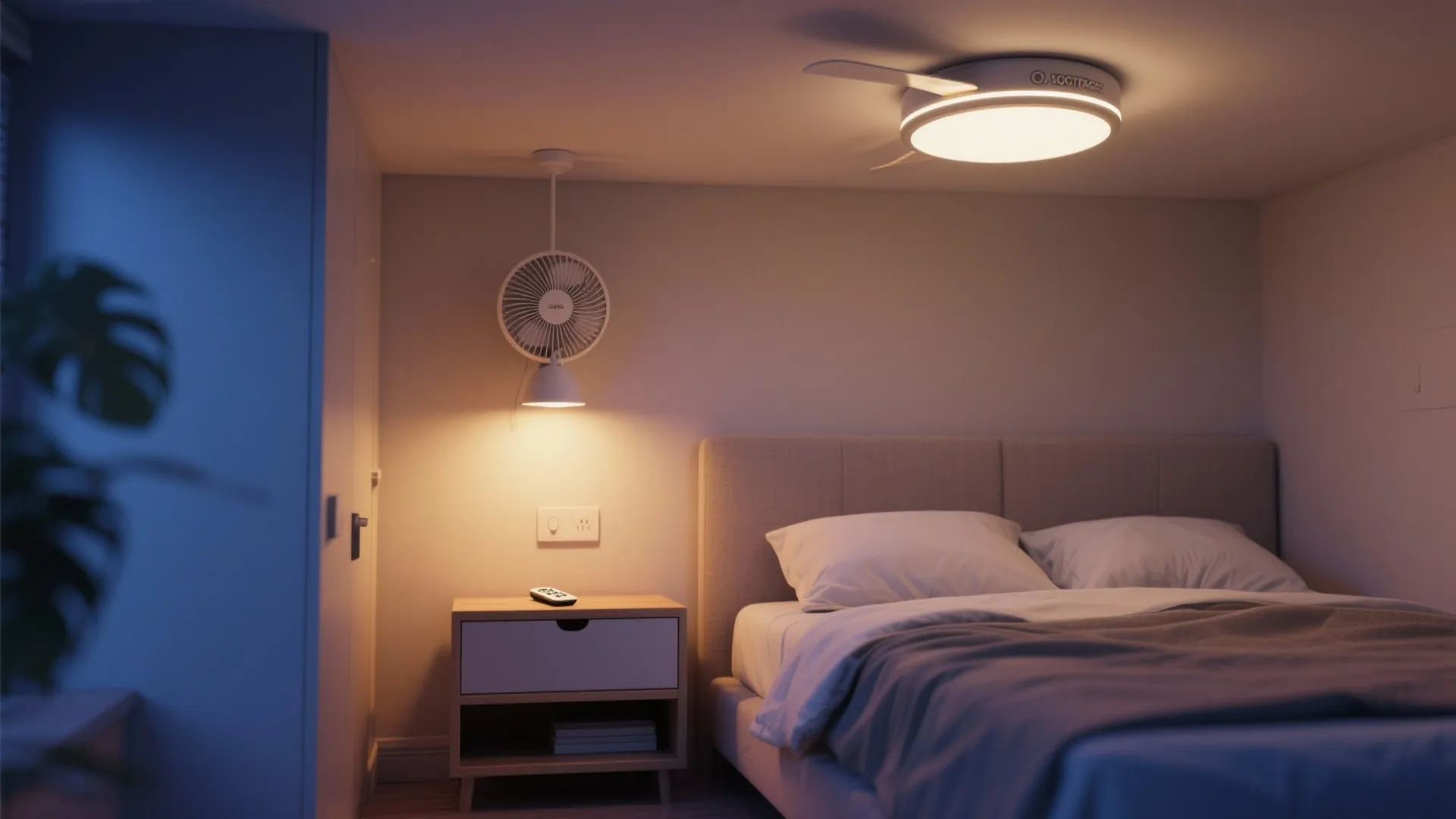 Modern bedroom with ceiling light fan above bed and small wall fan near bedside table