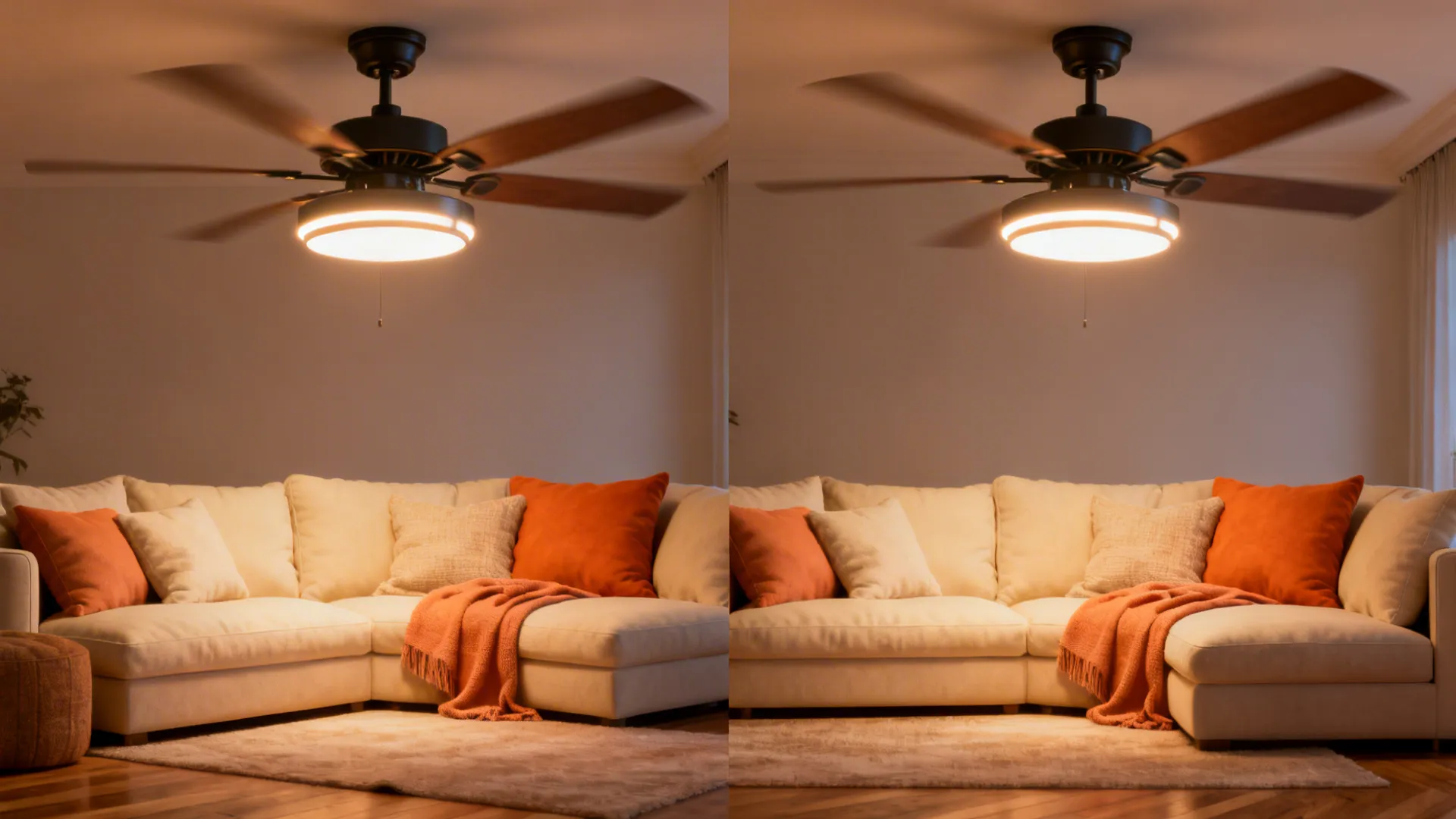 Evening living room showing two ceiling fans with integrated lights and safe spacing.