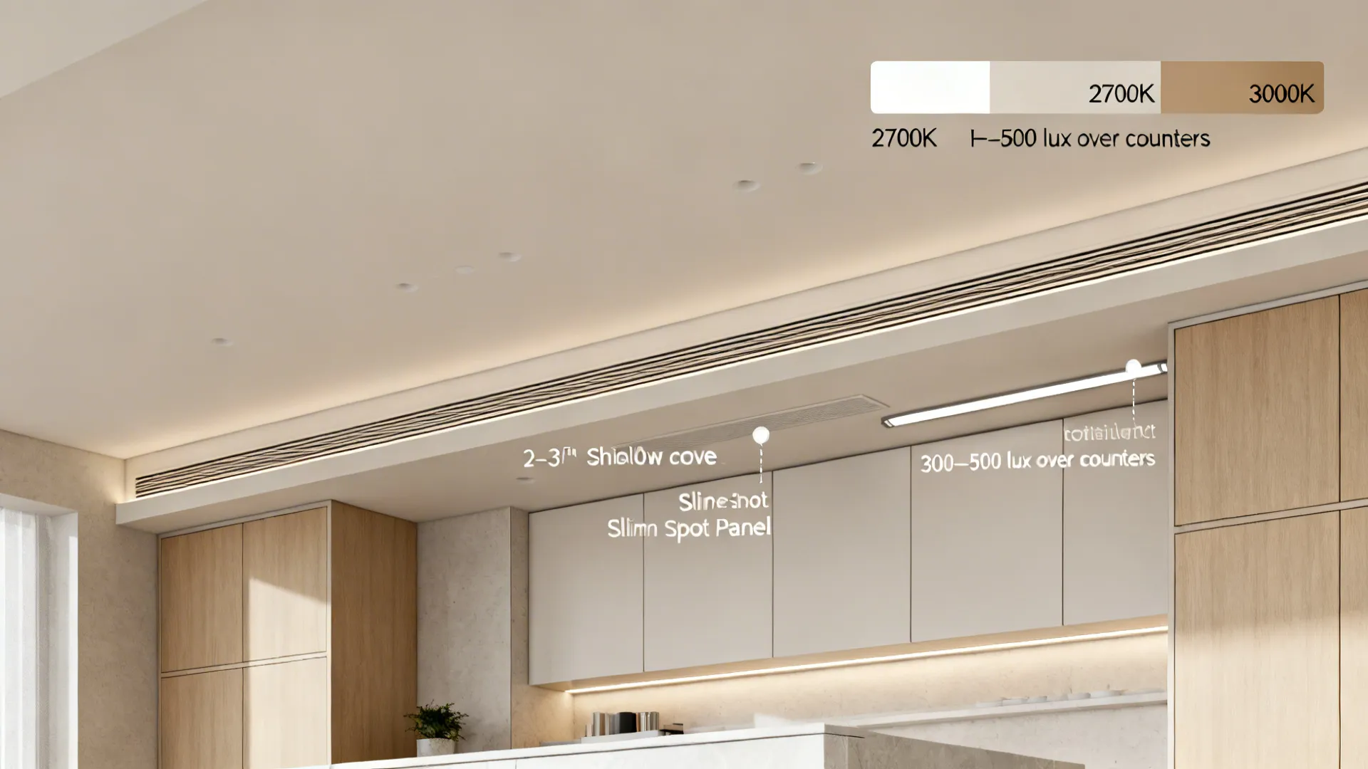 Top-down guide comparing shallow cove, slim spot drop, and localized soffit with warm LED options and target counter lux.