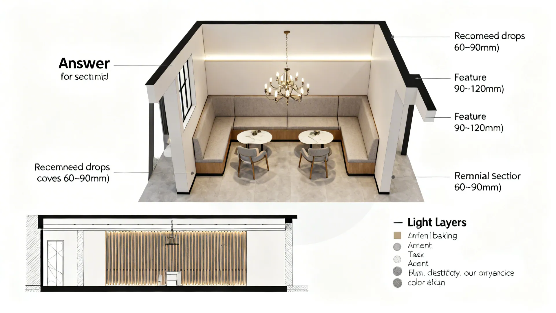 Infographic plan and section showing drops, chandelier alignment, slat detail, and lighting layers.