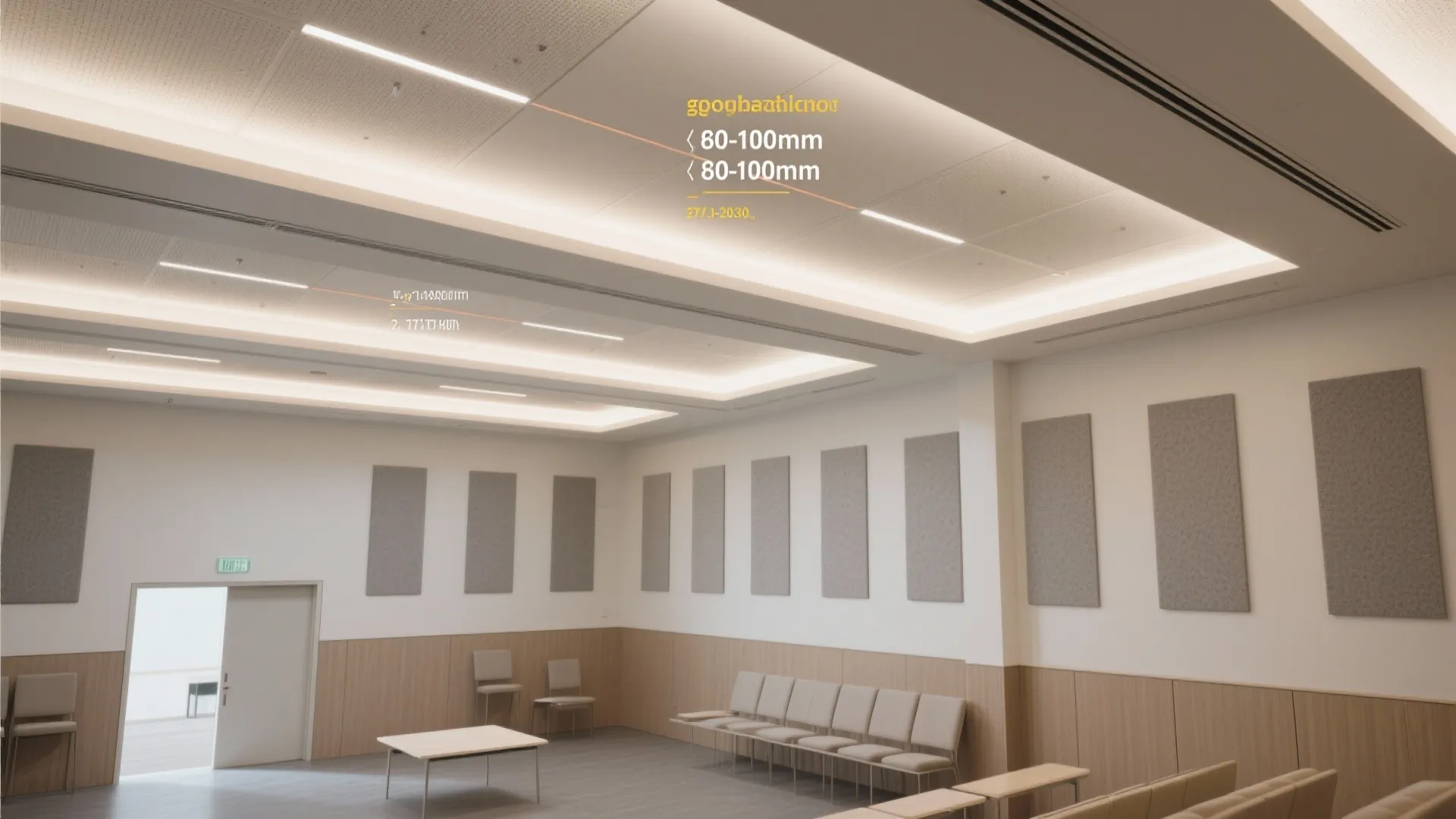 Top-down hall layout showing layered drops, warm LED channels, and acoustic zones.