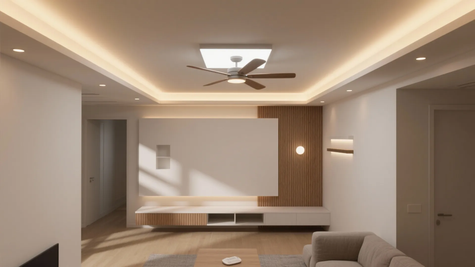 Modern living room featuring a ceiling light fan and warm lighting with white wall panels
