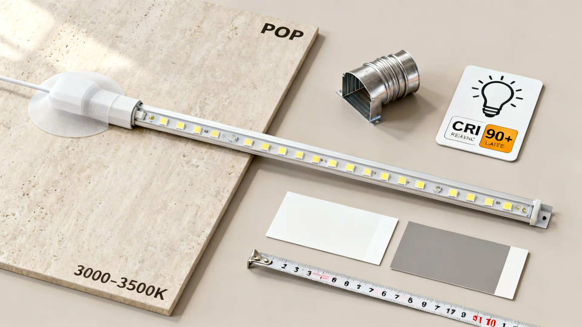 Flat lay of POP ceiling essentials: board, LED with diffuser, small duct, paint chips, and tools.