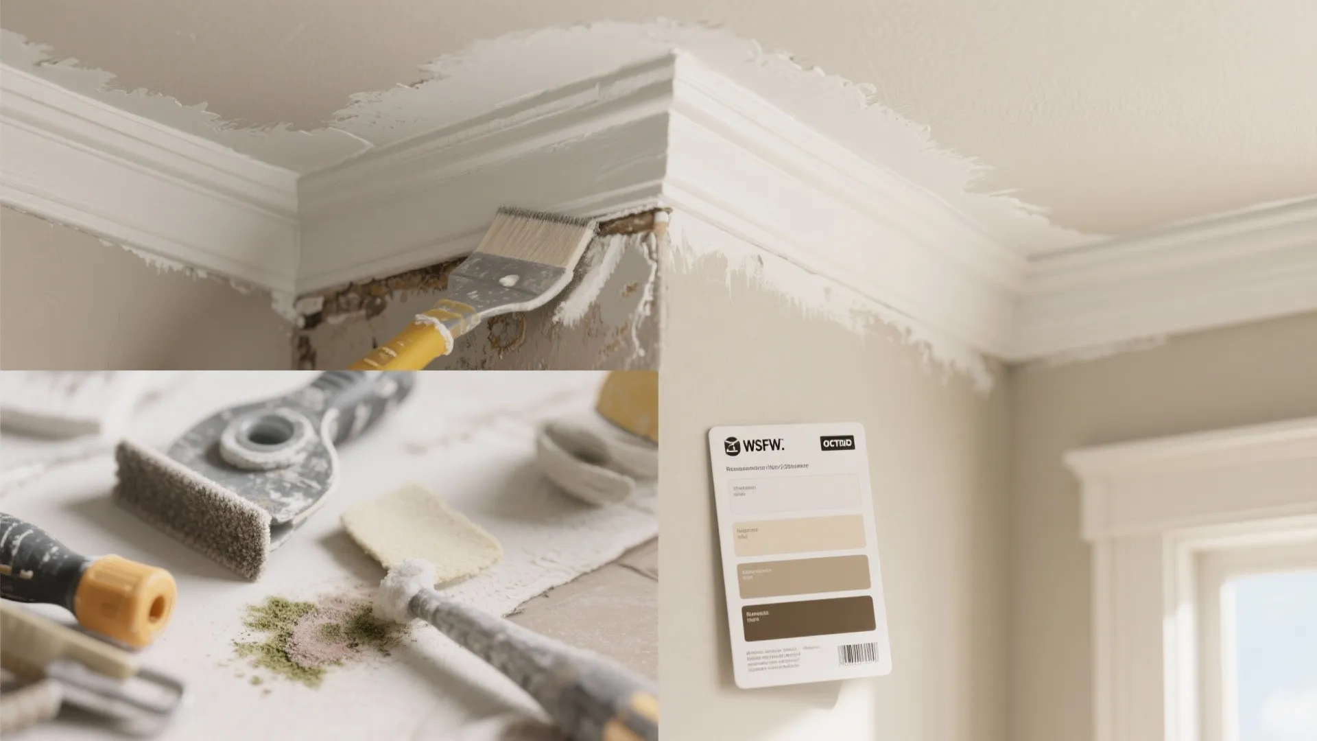 Applying white paint to wall panel molding with brush next to a color swatch card