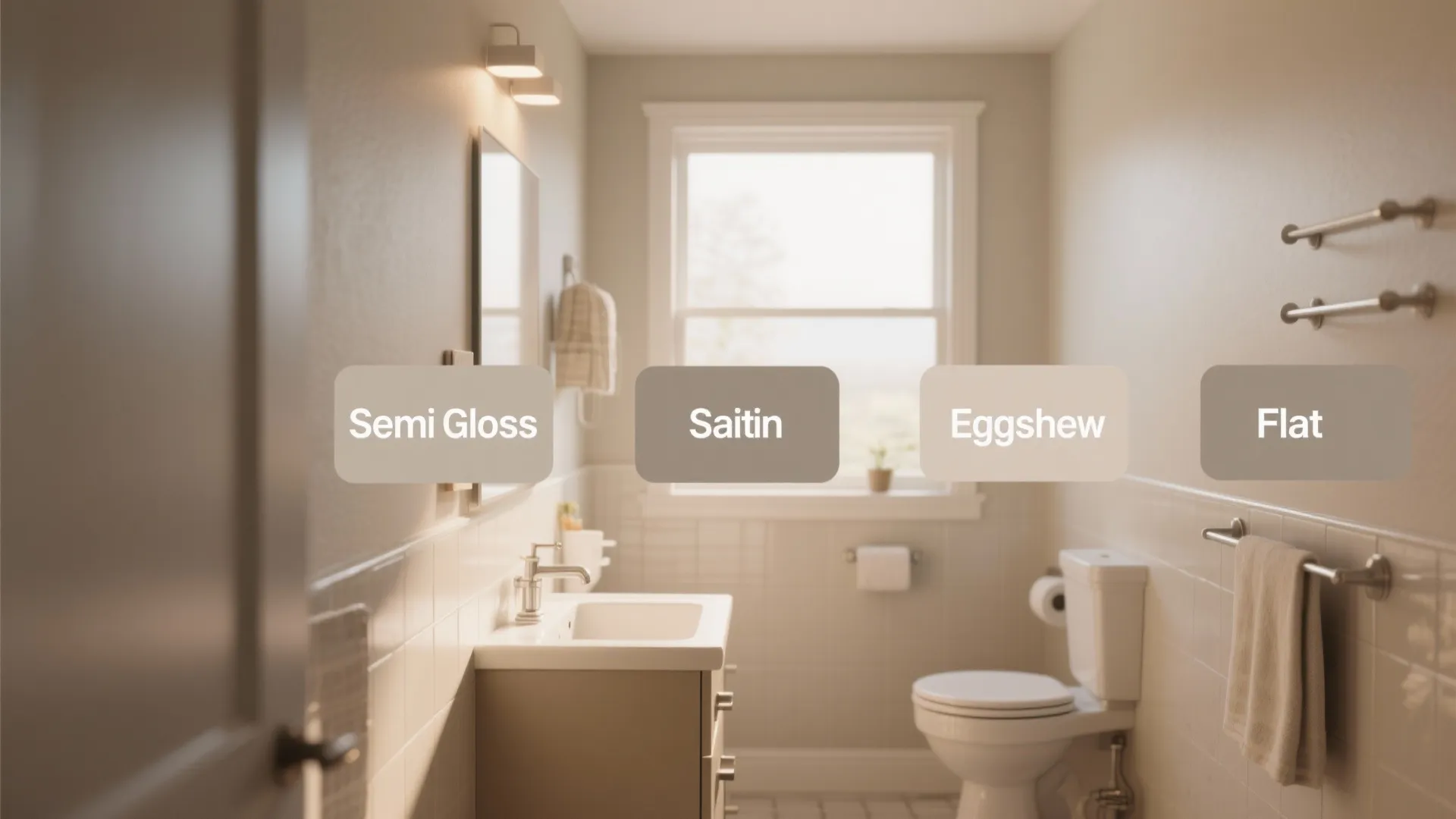 Small bathroom interior showing four different paint sheen options from semi gloss to flat finish
