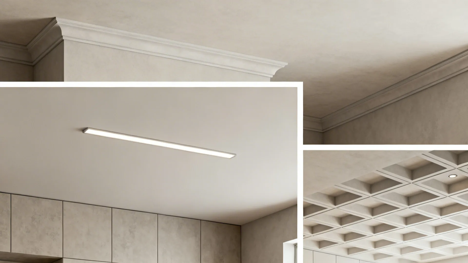 Top-down and profile vignettes of cove, monolithic, and recessed grid gypsum ceiling options.