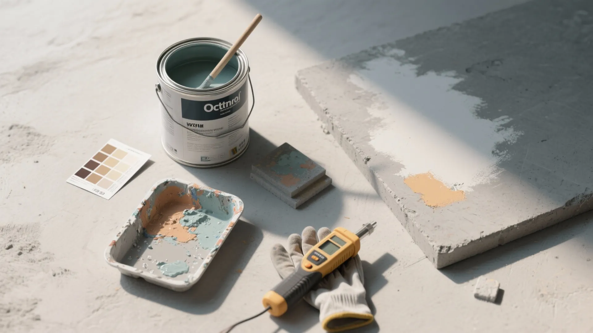 Paint bucket with brush and color samples on floor for home interior wall renovation project
