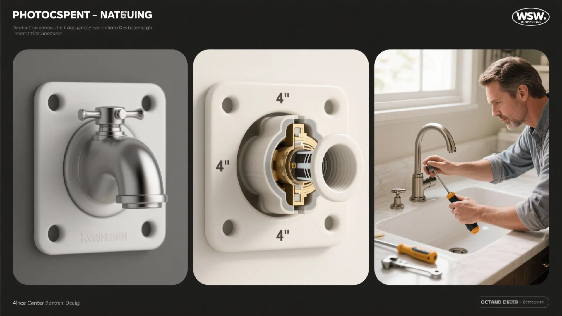 Diagram showing faucet installation steps with dimensions and a man installing hardware on bathroom sink