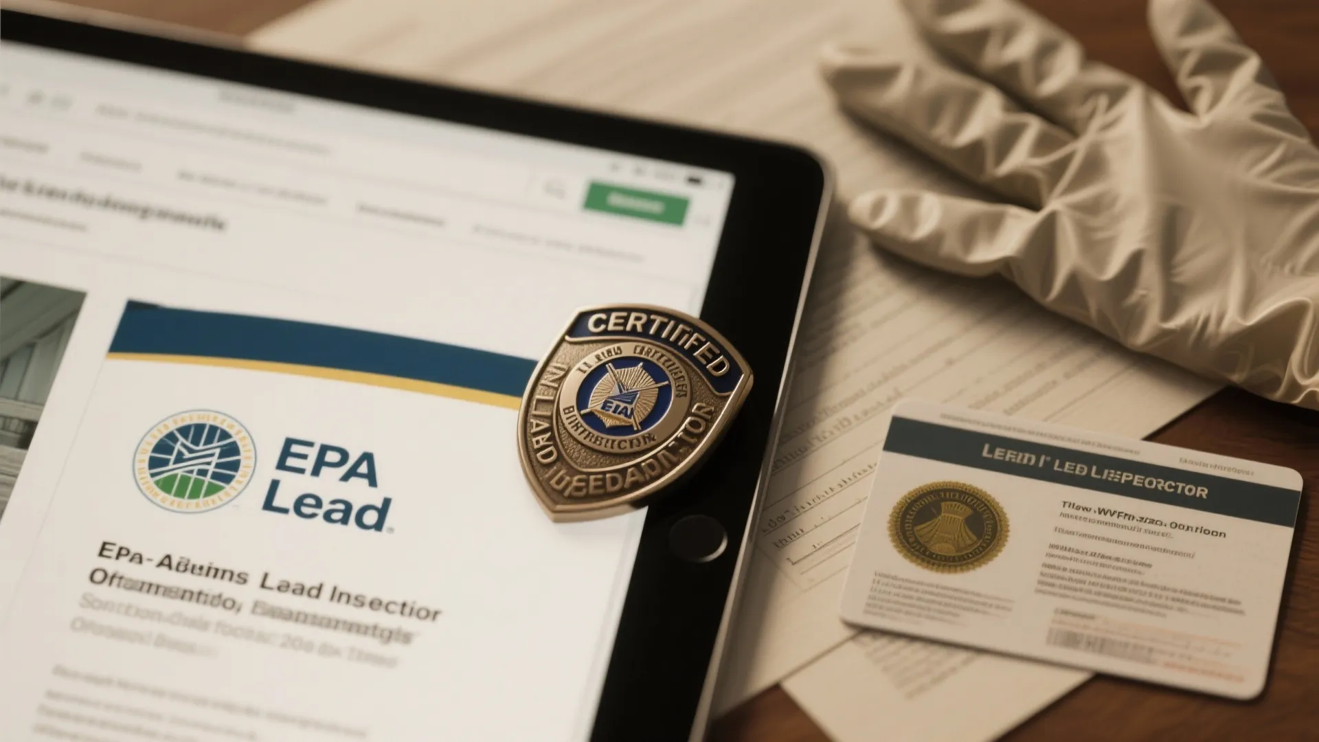 Close-up of an inspector badge and an EPA pamphlet on a tablet showing lead safety guidance and a certification card.