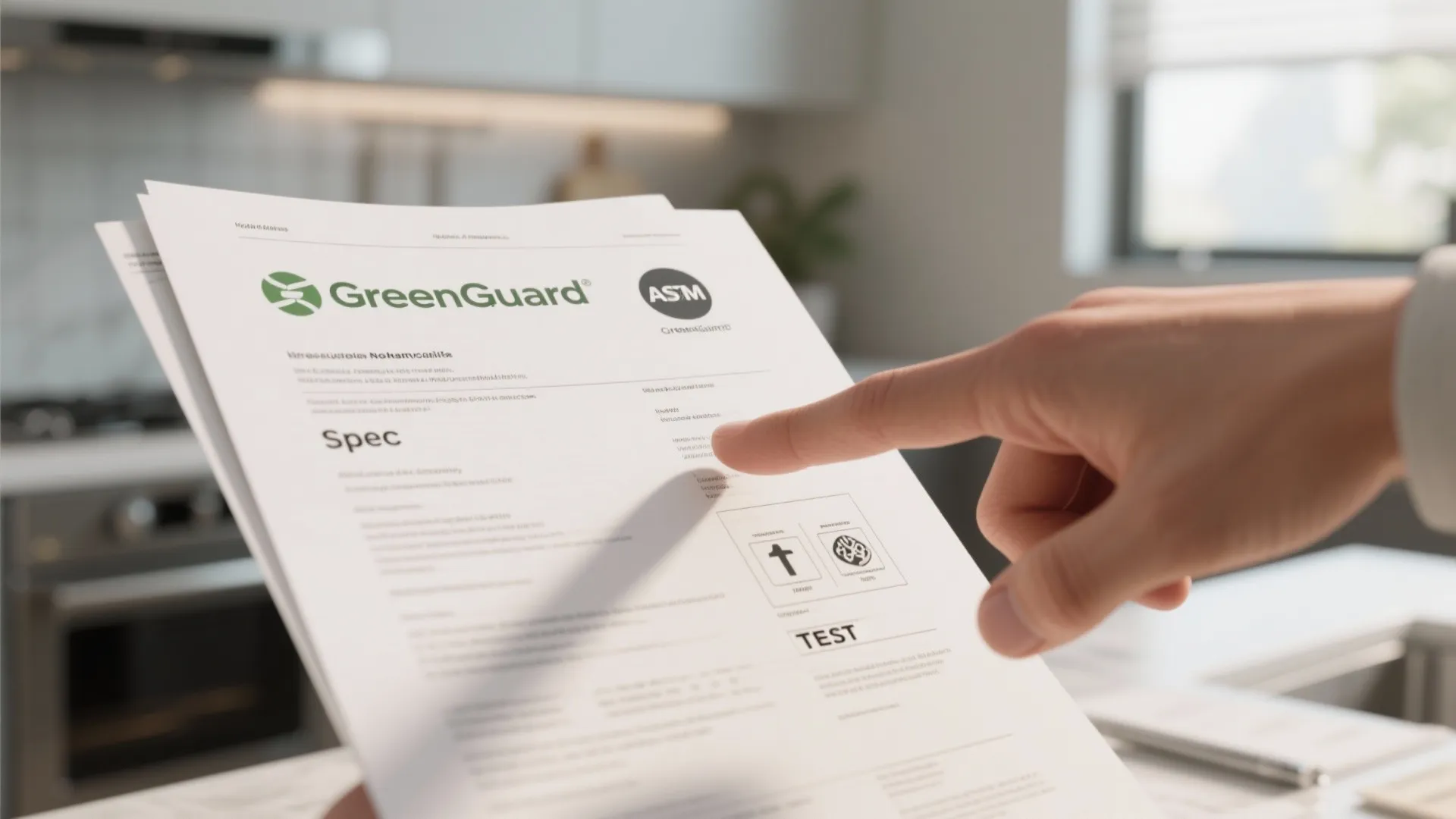 Specification sheet and certification icons indicating material durability and eco credentials.