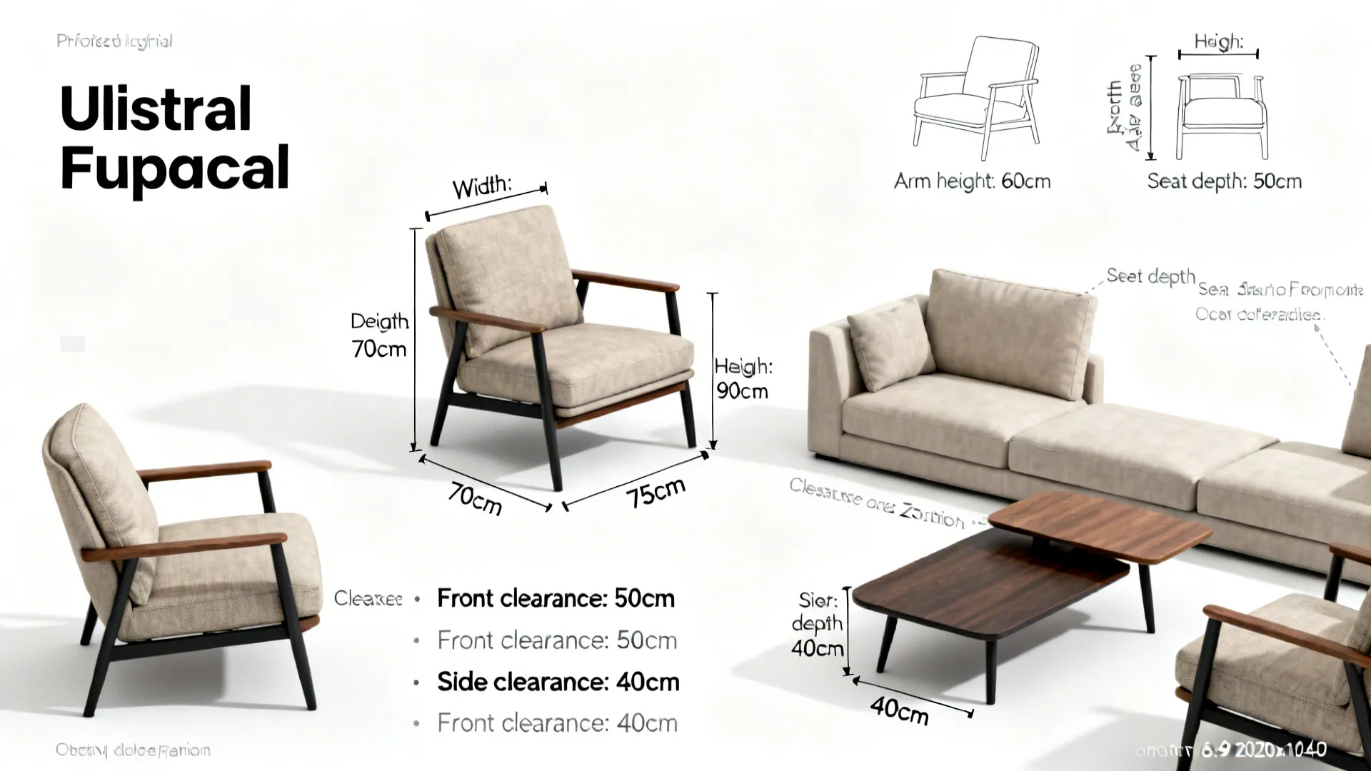 Annotated seating diagram showing chair dimensions, clearance, and recommended arm and seat heights for small rooms.