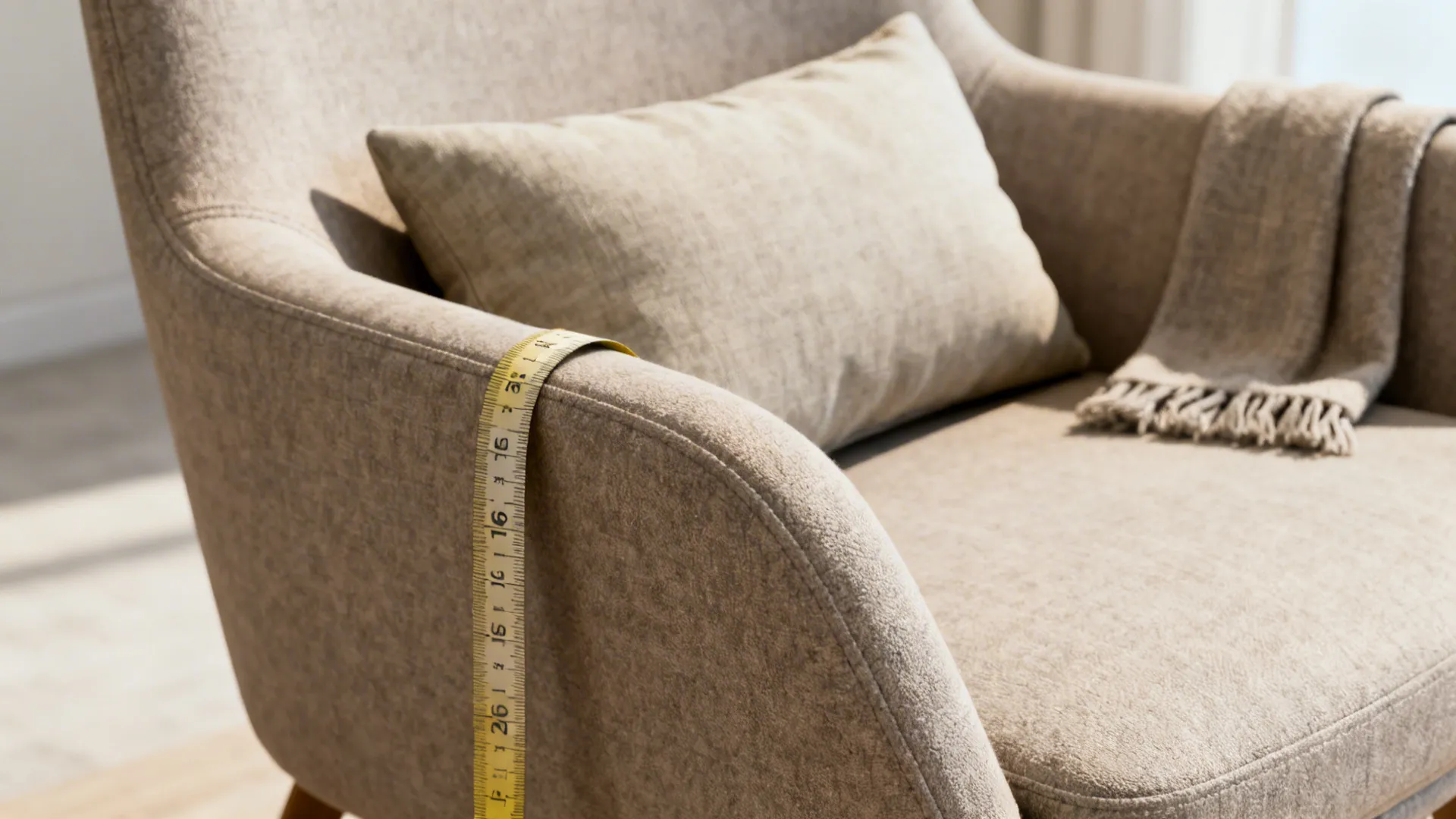 Chair corner with measuring tape and lumbar pillow illustrating how to test fit