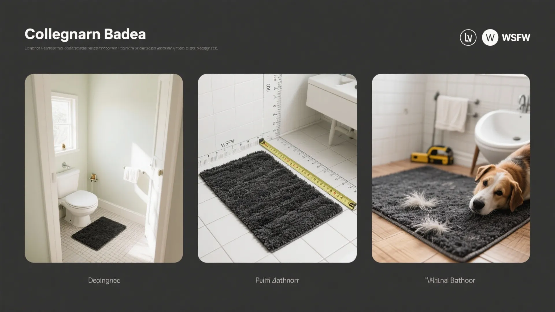 Three images showing a dark grey bath mat inside a bathroom with a small dog