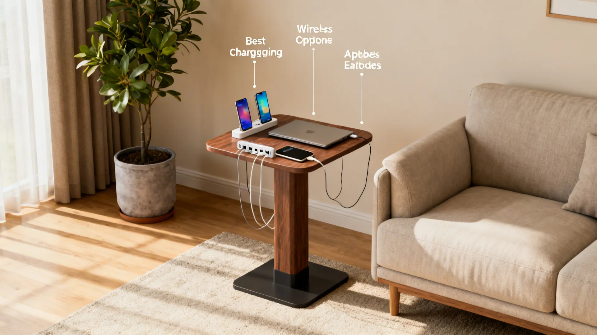 Small living room corner with a multifunctional end table showing best charging options for devices