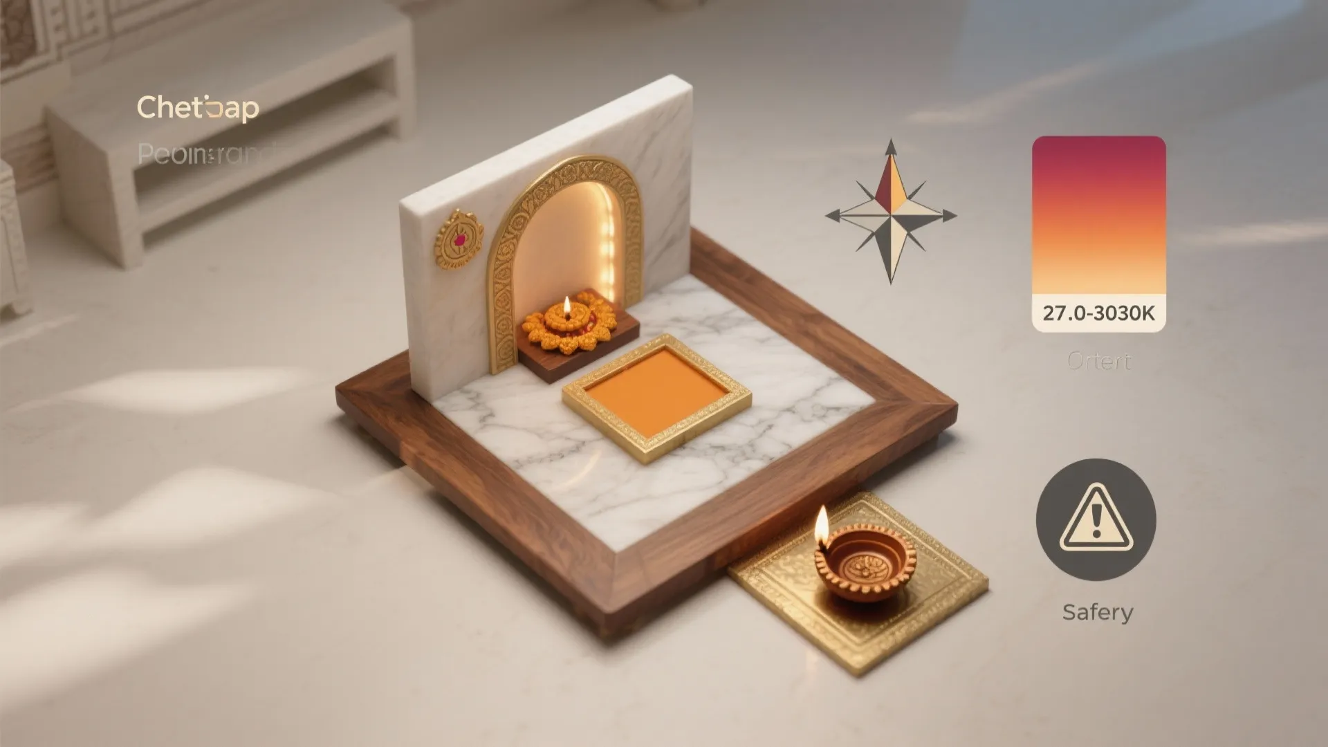 Small interior design display with marble wall wooden base light and orange color palette board