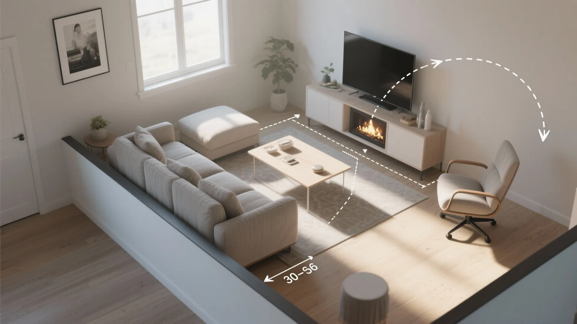 Living room layout showing measurements between a beige sofa coffee table and white media cabinet