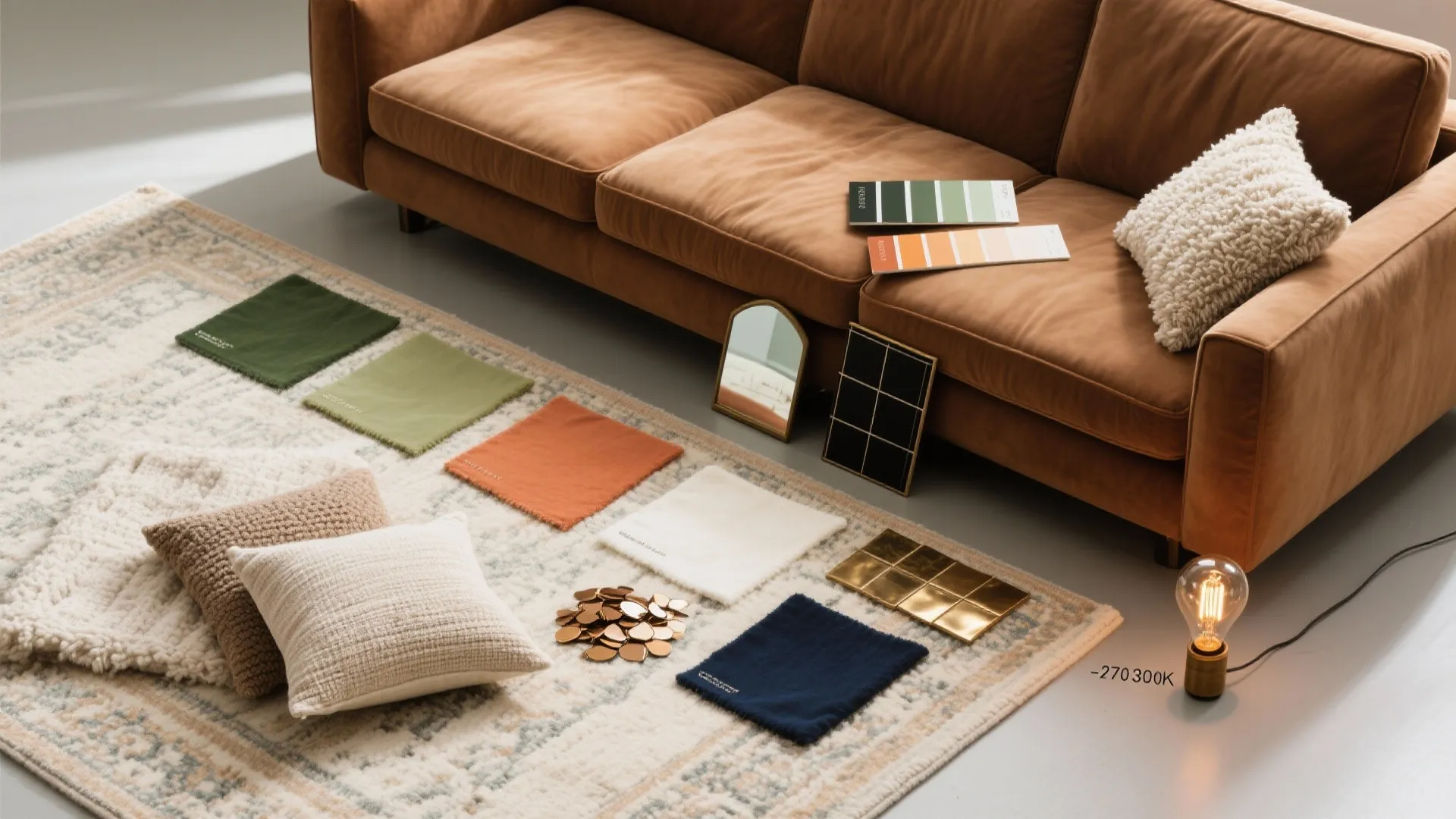 Interior design mood board with fabric samples color swatches and pillows on a patterned rug