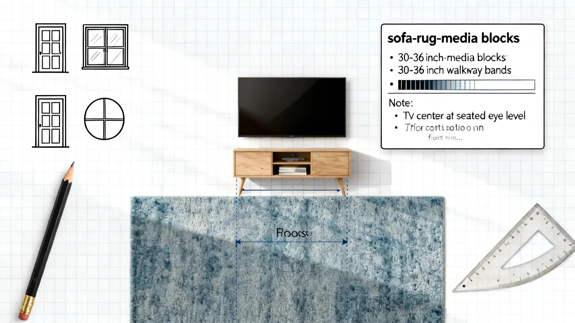 Top-down cheat sheet plan showing scaled room, block furniture, walkway widths, rug guidelines, and TV height note.