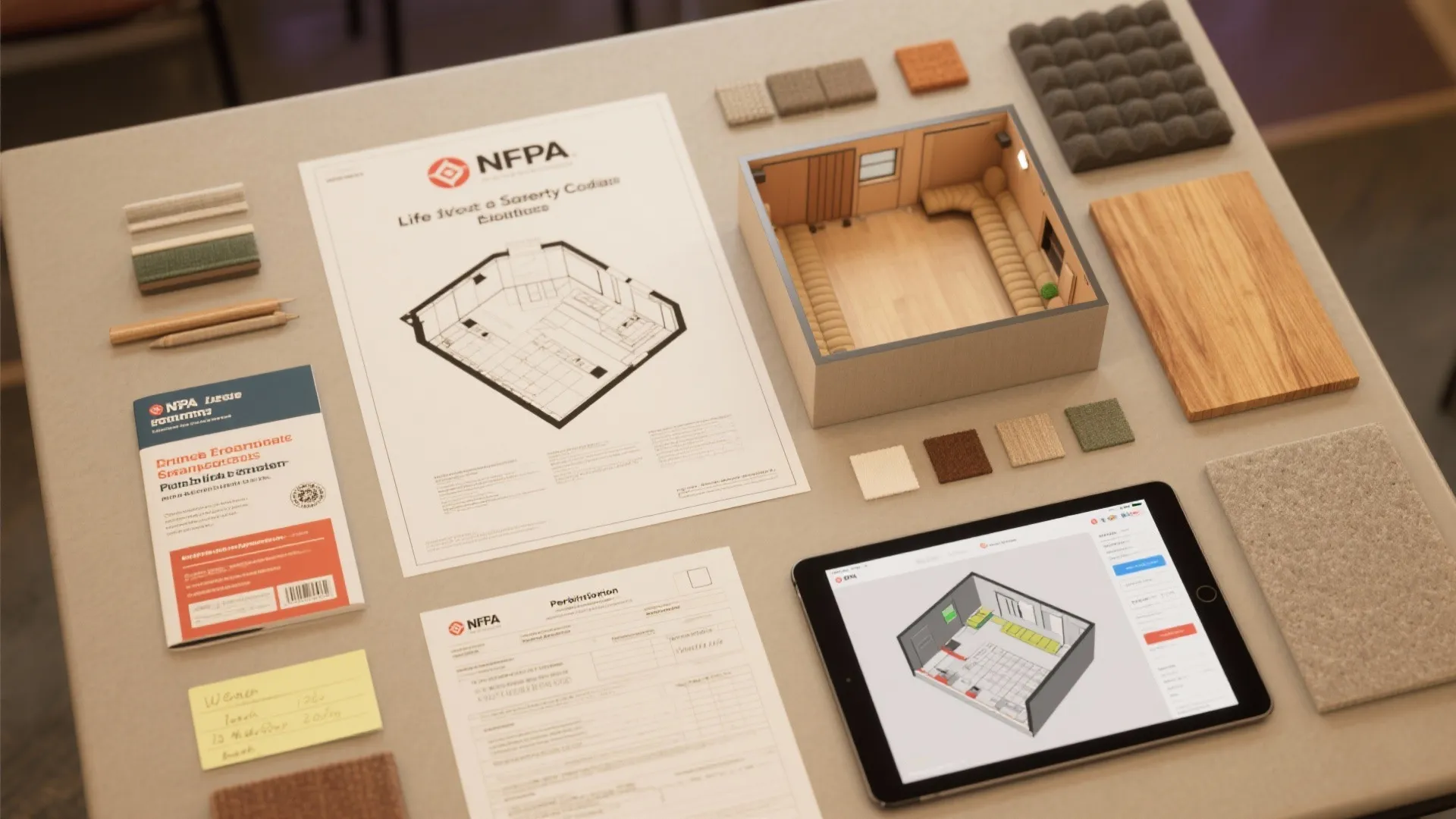 Flatlay of floor plans, NFPA brochure, permit forms, swatches and a tablet with a floor planner.