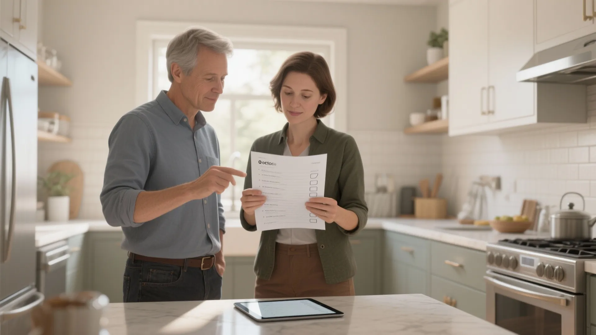 Man and woman standing in kitchen looking at a paper checklist near a white tablet