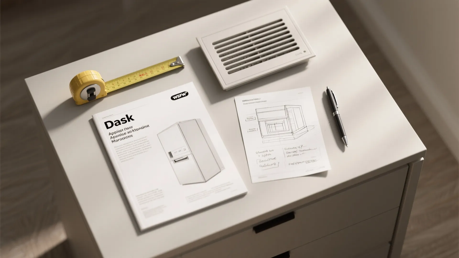 Cabinet surface with measuring tape black pen white vent interior design drawing and document folder