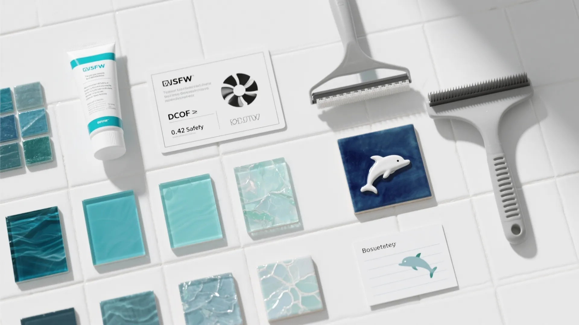 Blue wall tiles displayed with cleaning tools and a safety data card on white background tiles