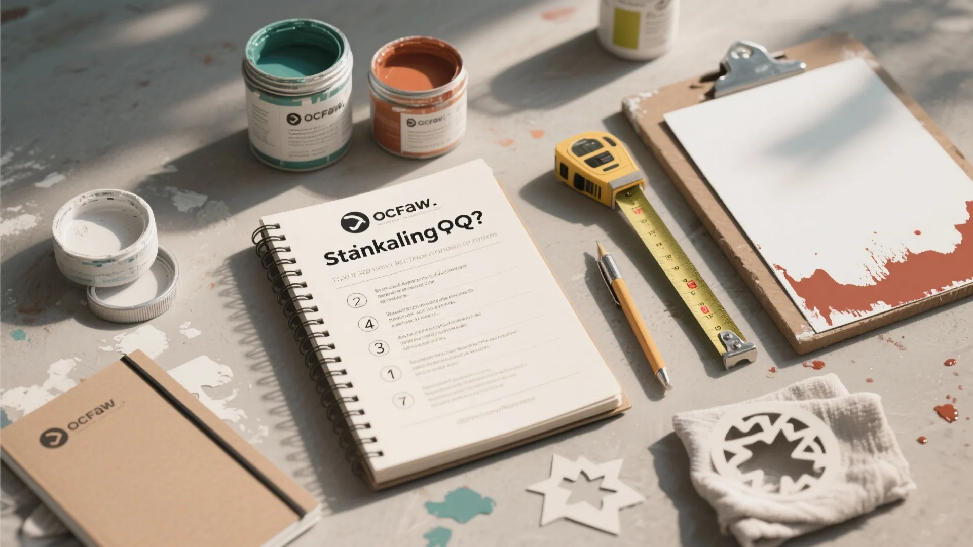 Home renovation checklist on spiral notebook with paint cans measuring tape pencil and clipboard tools