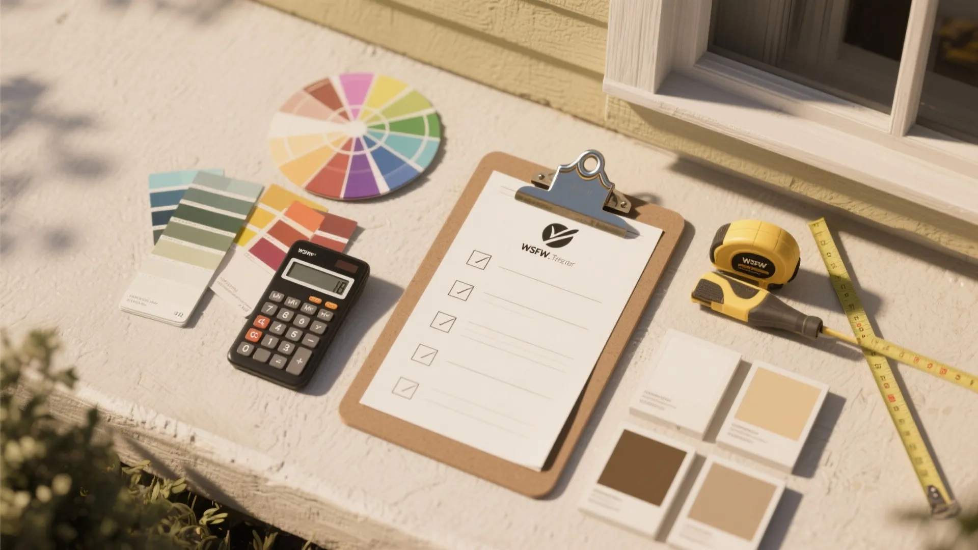 Clipboard with checklist next to a calculator color swatches tape measure and a yellow pencil