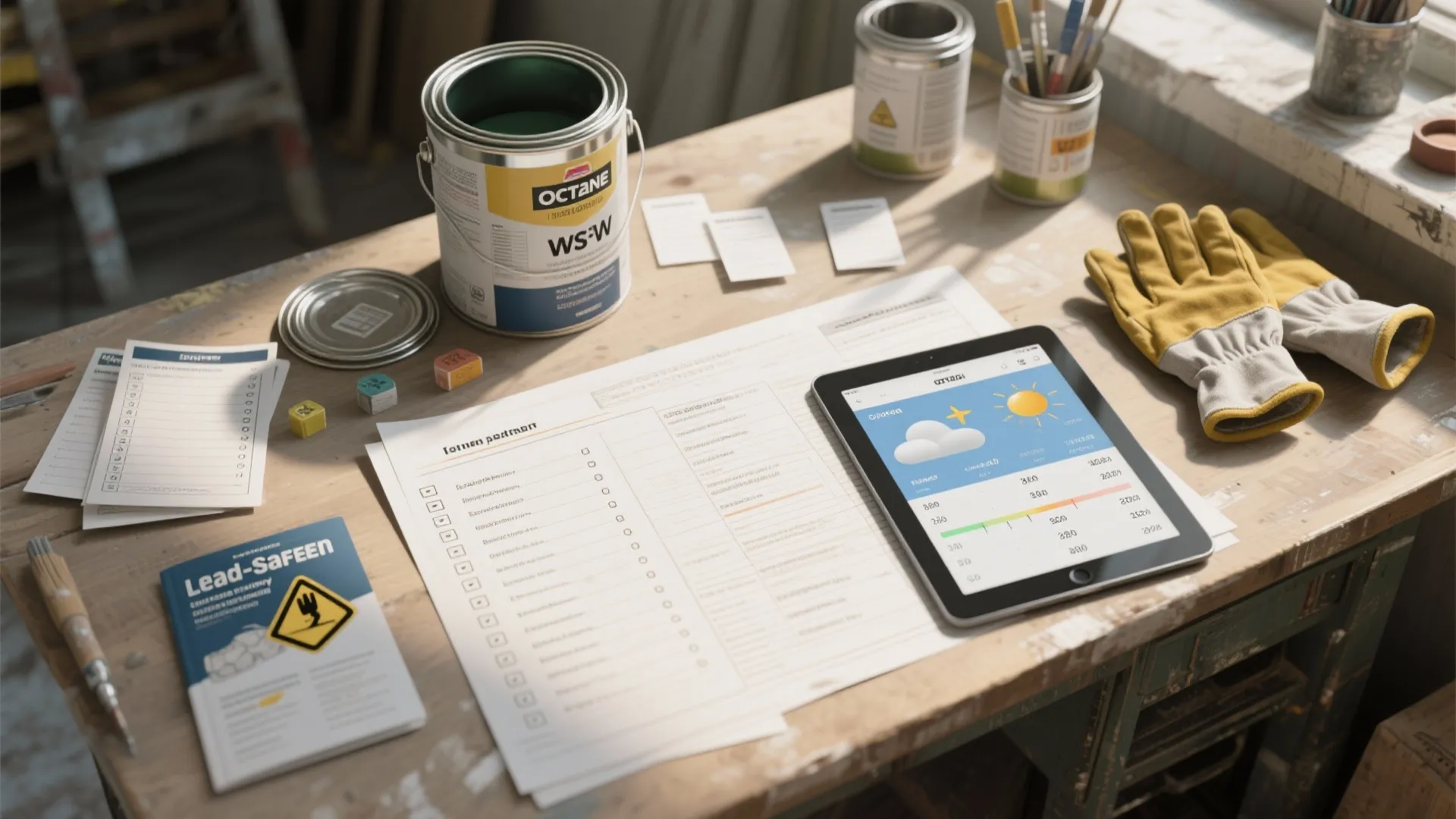Workshop table with paint can gloves tablet showing weather forecast and safety checklist for painting
