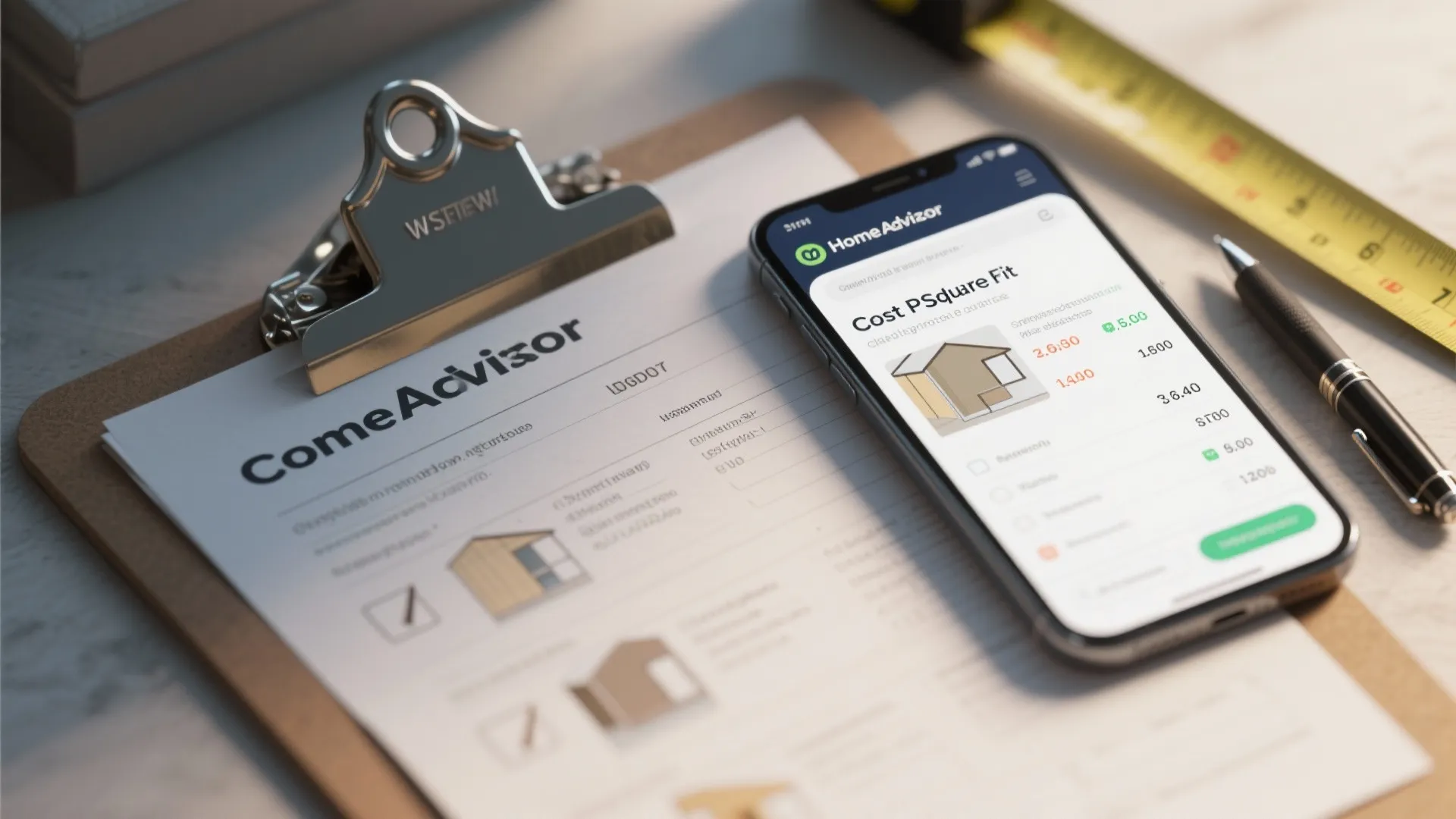 Mobile phone showing home cost estimator app next to a clipboard with a paper checklist