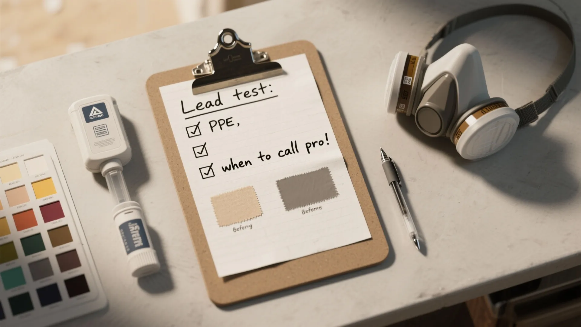 Clipboard with lead test checklist next to a safety mask and color swatches on desk