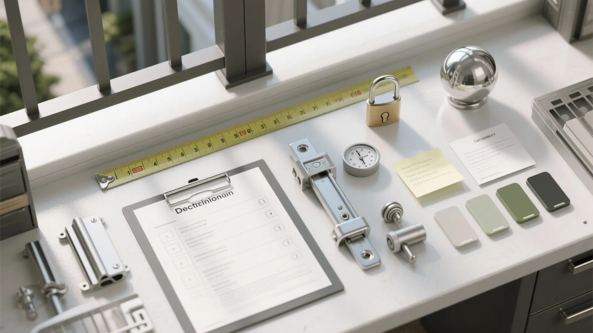 Desk with paper checklist measuring tape metal lock and green color samples for home interior