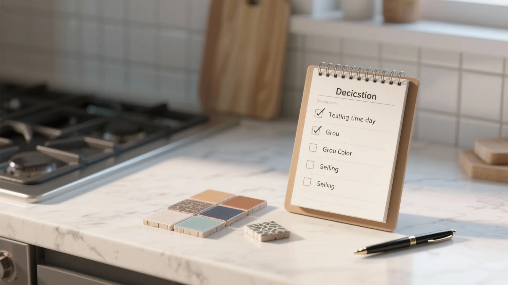 Tile decision checklist with swatches on a kitchen counter illustrating FAQ tips.