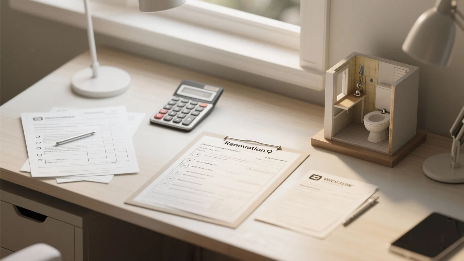 Home renovation planning desk with checklist calculator miniature bathroom model paper and small table lamp