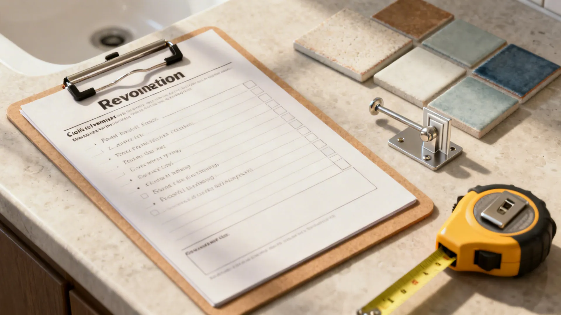 Renovation checklist with tile samples and hardware demonstrating small bathroom planning tips.